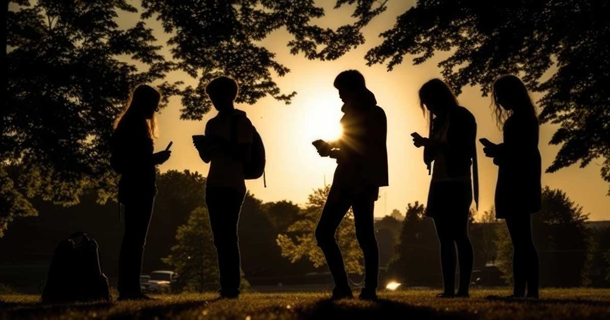 Kids using phones outside