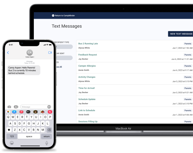 iPhone with a text on the screen in front of a laptop showing Campminder's dashboard for sending text messages.