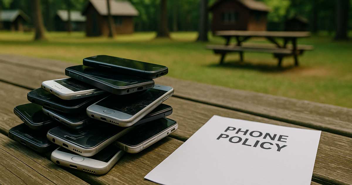 A bunch of phones next to a booklet that is a summer camp phone policy